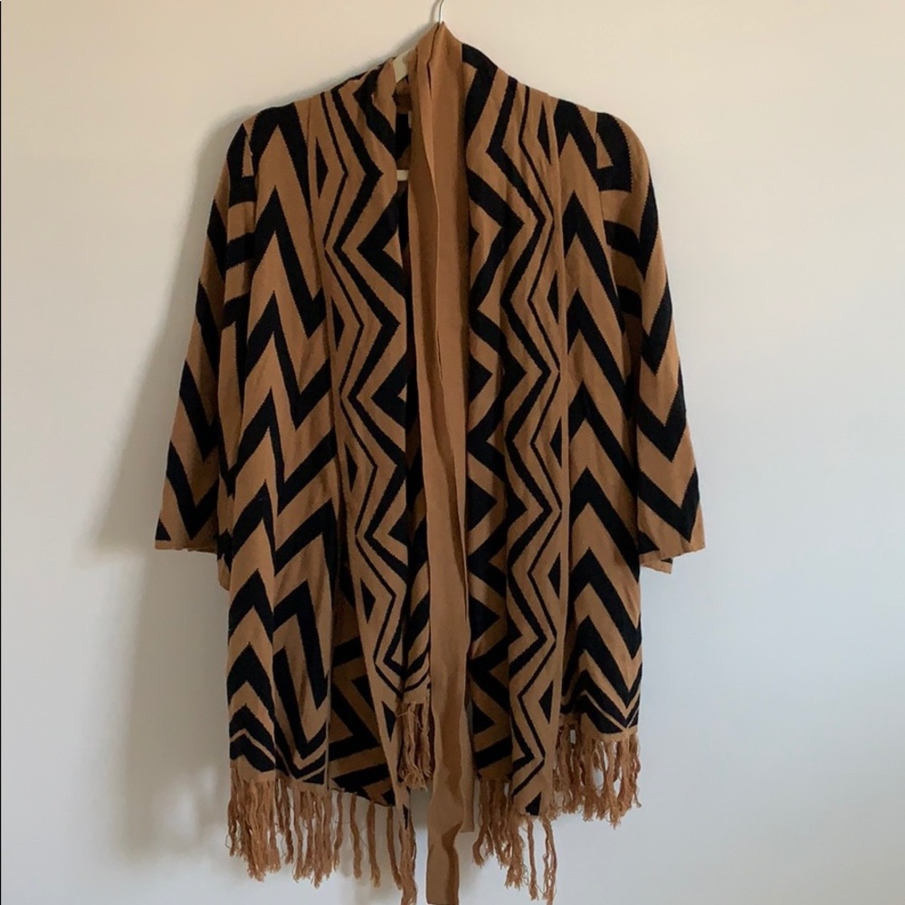Brown and black patterned shawl with fringe